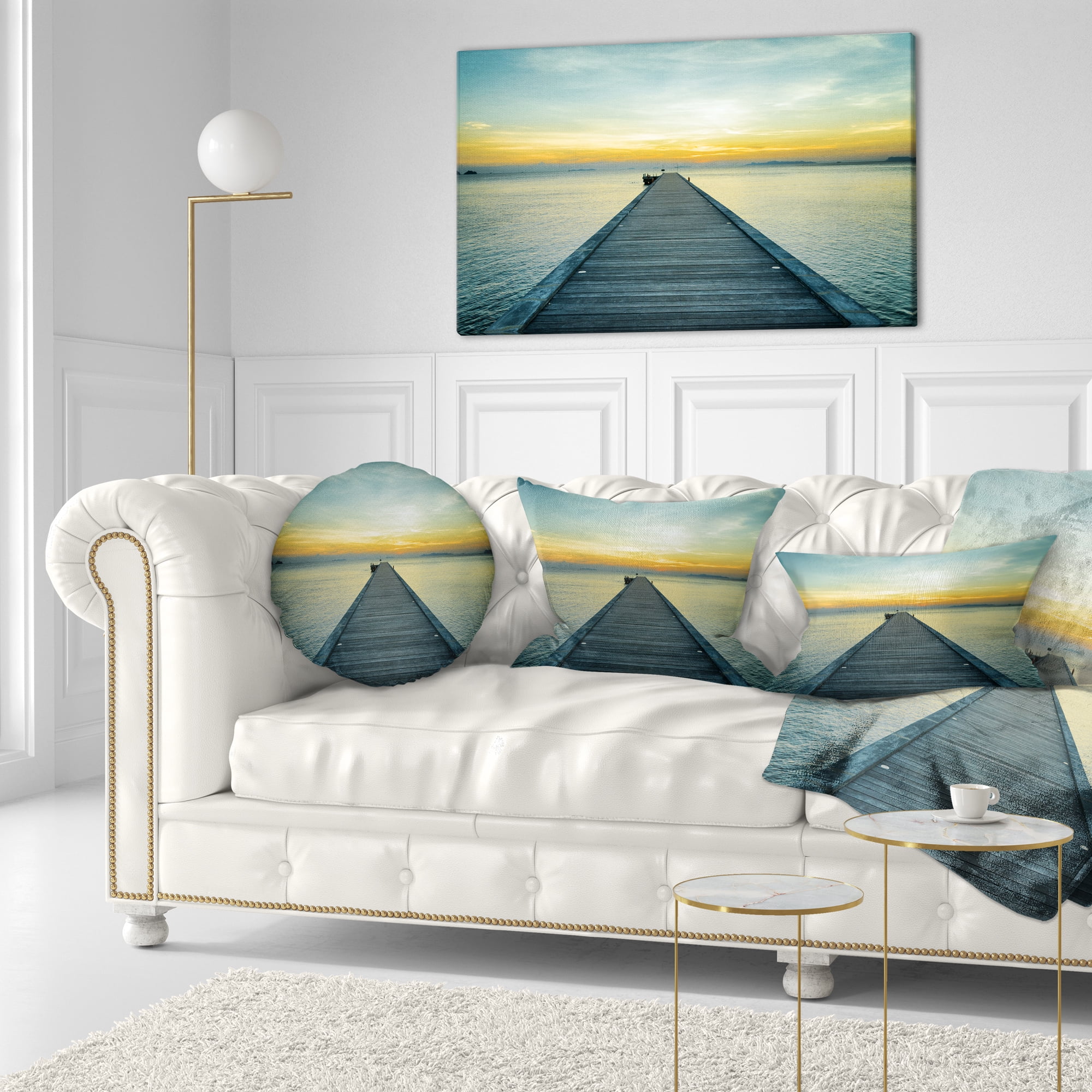 Designart Wood Pier into the Yellow Blue Sea - Wooden Sea Bridge Throw Pillow - 12x20