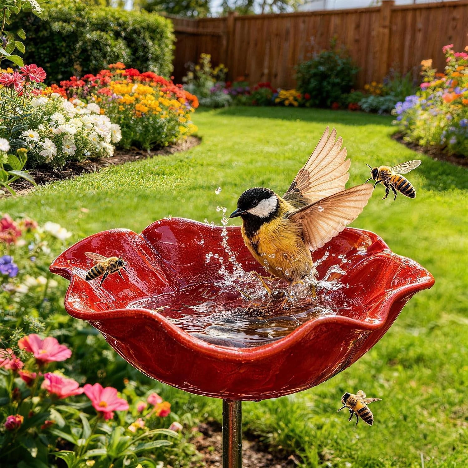 Handmade Metal Flower Garden Stake, 2 Pack Green Glass Bird Baths with Flower Design, Decorative Outdoor Bird and Bee Watering Station for Yard, Patio & Lawn, Attract Hummingbirds & Wild Birds & Bee