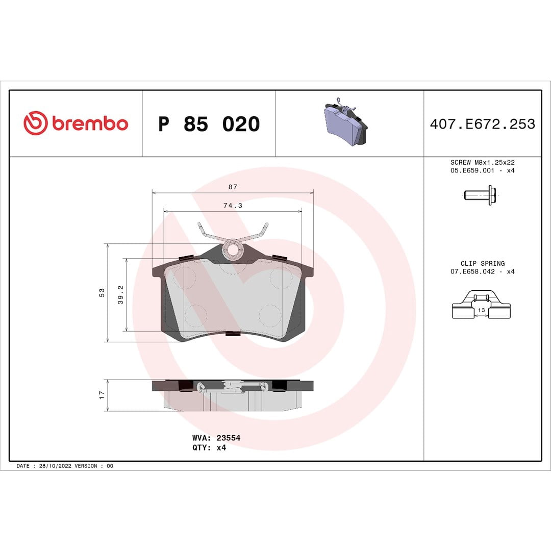 Brembo KT04208; Brake Kit; Low-Metallic Brake Pads; 245 Millimeter Standard Solid High Carbon Cast Iron One Piece Rotor; With Rotors/ Pads/ Anti-Rattle Spring/ Mounting Hardware