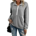 thumbnail image 2 of Ecqkame Women's Lapel Sweatshrits Quarter Zip Pullover Sweatshirt Casual Long Sleeve Fashion Solid Color Pullover Tops Gray XL, 2 of 9