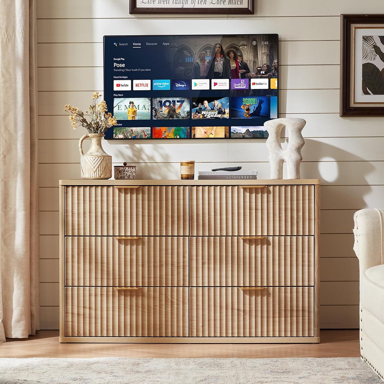 6 Drawer Dresser for Bedroom, 48" Width Fluted Wood Chest of Drawer with Golden Embedded Handles for Living Room, Natural Oak