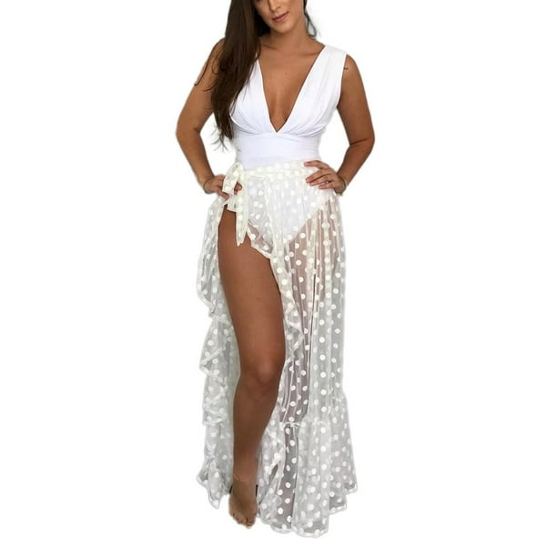 Women High Waist Mesh Skirts See Through Sheer Side Split Skirt Solid Transparent Chiffon Maxi Long Skirt