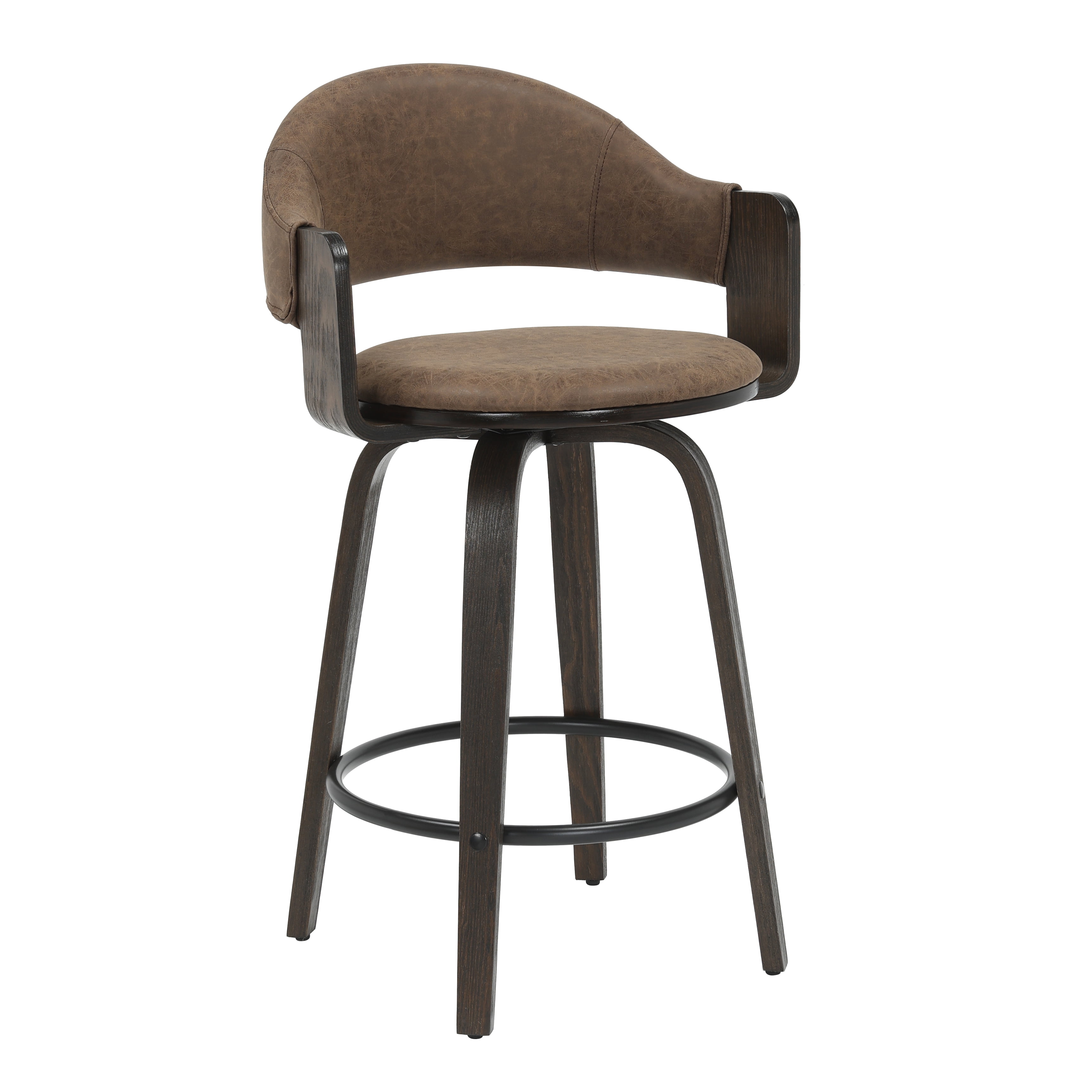 Daxton 36 in. H Swivel Counter Height Vintage Dark Brown Round Back Wood Bar Stool with Faux Leather Seat Set of 2