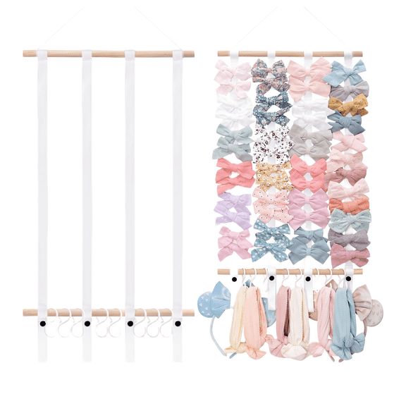 White Wall Mount Bow Organizer, Hanging Accessory Display Storage Rack for Home Decor