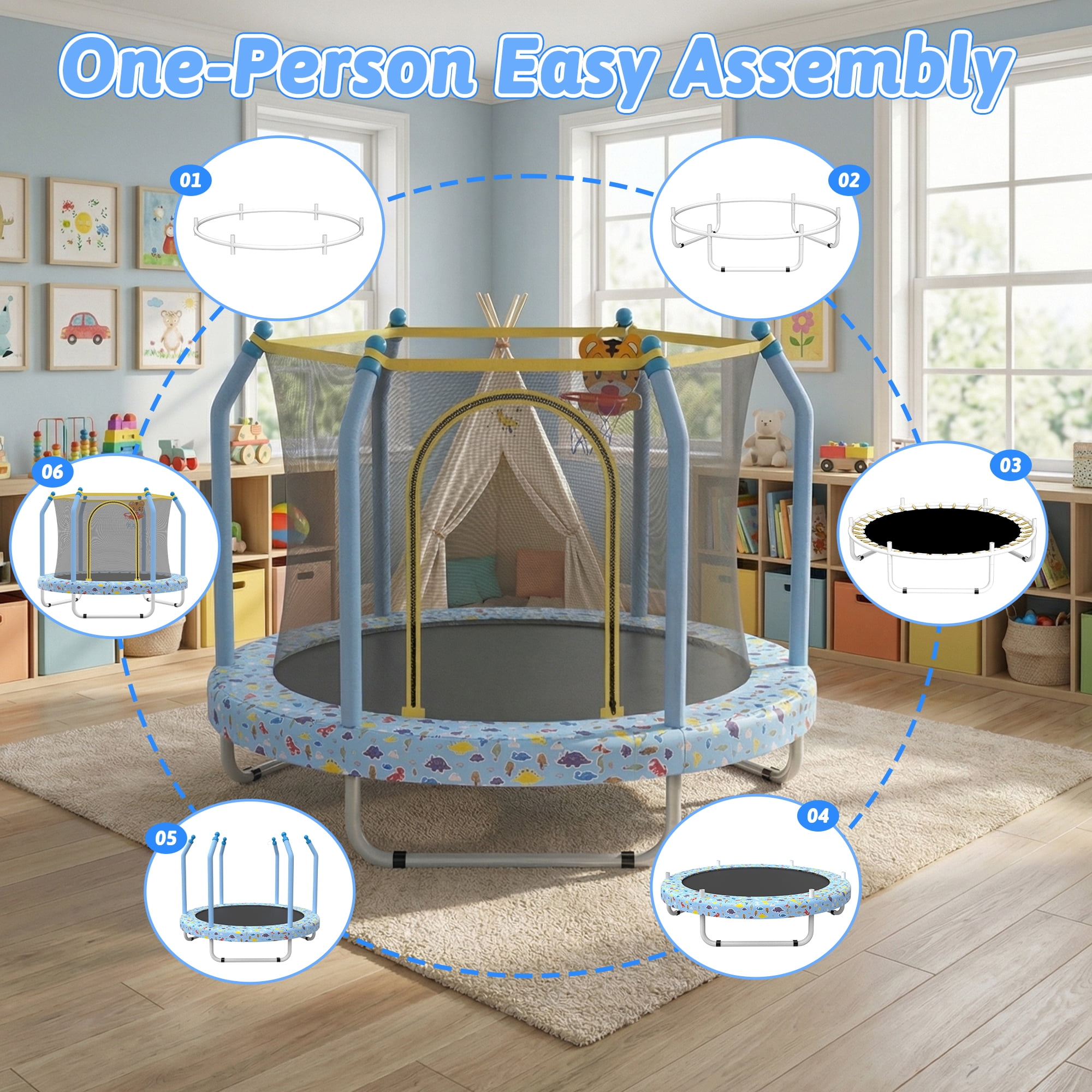 Mersco 55 inch Toddler Trampoline for Kids, Mini Trampoline with Enclosure Net and Ball ,Indoor Outdoor Small Kids Trampoline Birthday Gifts for Boys and Girls, Print