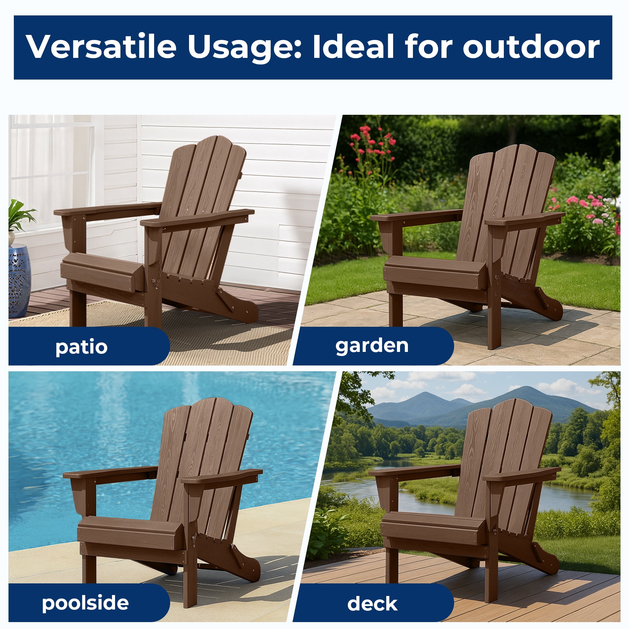 FUNDAZE HDPE Adirondack Chair, Foldable Weather-resistant Outdoor Chair for Patio, Poolside, Garden, Yard, Brown