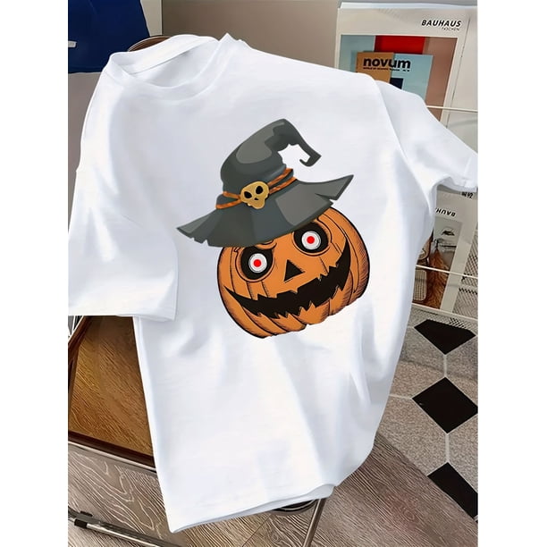 Halloween T-shirt - Halloween Pumpkin Witch Hat Graphic T-Shirt - Unisex Casual Short Sleeve Tee for Children & Children, White with Black Witch Hat & Pumpkin Design, Round Neck Summer Top