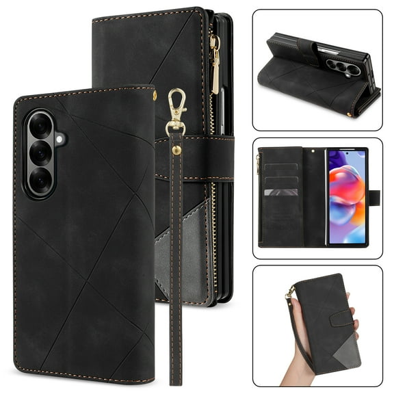 for Samsung Galaxy Z Fold 7 Case Zipper Wallet with 9 Card Holder, for Women Men, Strap Wristlet Wristband Magnetic Closure Kickstand Phone Cover for Samsung Galaxy Z Fold 7 5G, Black