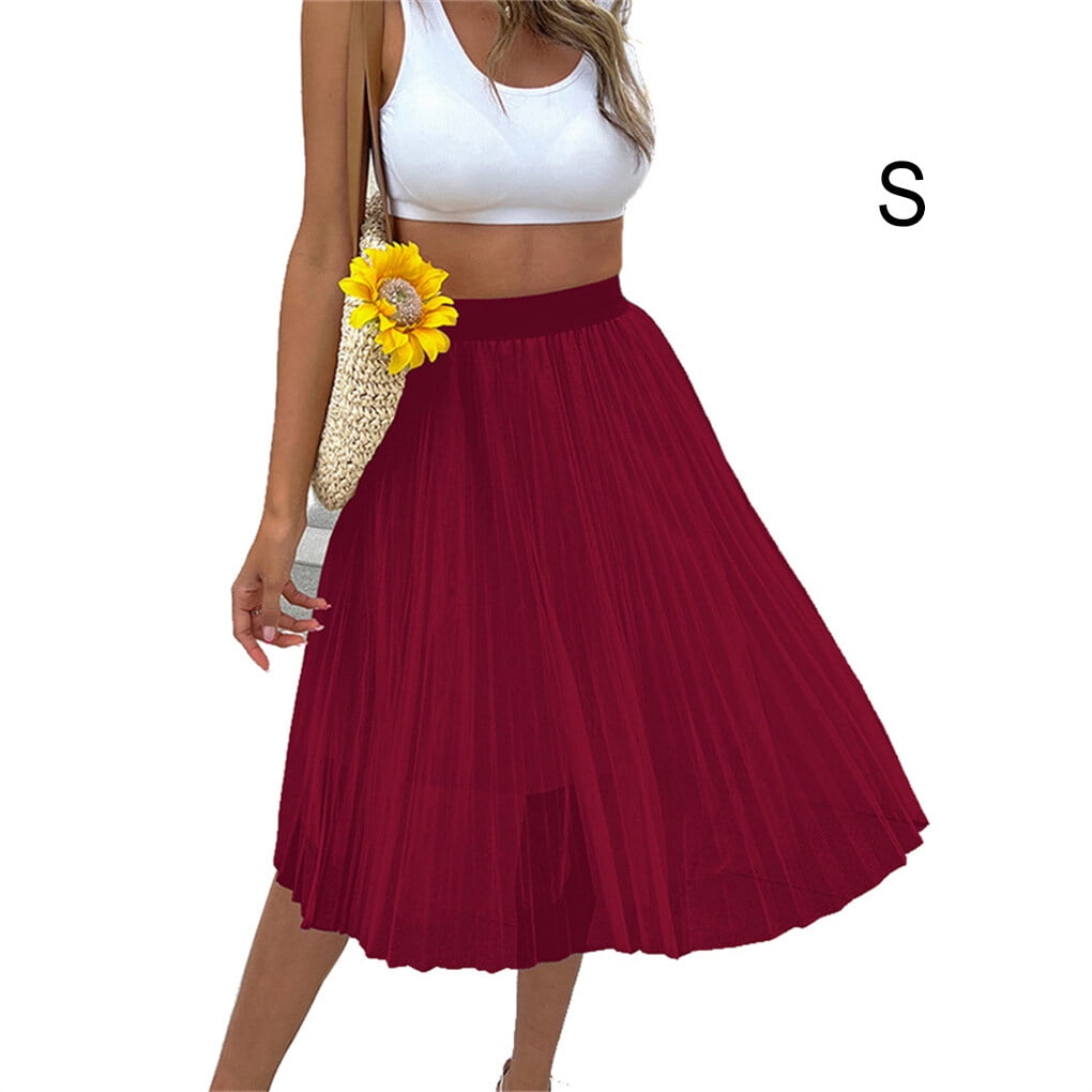 Femmes Taille Haute Genou Longueur Jupe Filles Plisse Style Decontracte Jupes Laches Couleur Unie Polyester Vetements Vacances Present Vin Rouge S