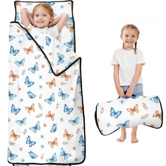 White Blue Butterfly Flower Pattern Teens Toddler Nap Mat with Pillow, Sleeping Mat Bag for Preschool Daycare 59"x22"