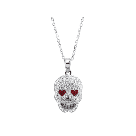Women's Crystaluxe Heart Eyes Skull Pendant Necklace with Crystals in Rhodium-Plated Sterling Silver, 16"  2"