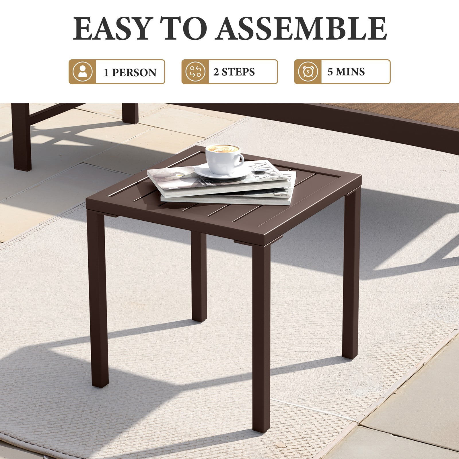 Crestlive Products 15.7" x 15.7" Outdoor Side Table, All-Weather Aluminum Square Patio End Table, Brown
