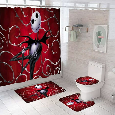 4Pcs Nightmare Before Christmas Bathroom Set with Shower Curtain Halloween Town Pumpkin King Shower Curtain Decor Sets with 12 Hooks