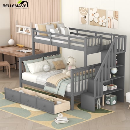 Bellemave Twin Over Full Bunk Beds with Stairs  Wood Bunk Bed Frame with Storage Drawers and Open Shelves  for Kids  Teens  Adults  Gray