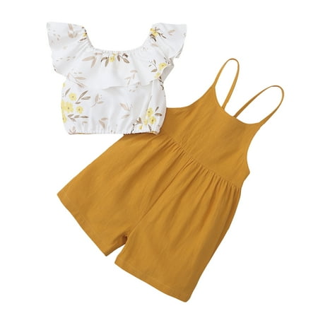 

Kucnuzki 18 Months Baby Girl Summer Outfits Pants Sets 24 Months Fly Ruffled Sleeve Floral Prints Camisole Tops Suspender Pants 2PCS Set Yellow