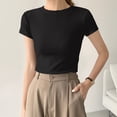 thumbnail image 2 of Women's Fitted Cotton T-Shirt - Structured Shoulder Slimming Short Sleeve Top | Yubnlvae | High Elasticity Screw Thread Cotton Regular Shoulder Round Neck (Black | L), 2 of 9