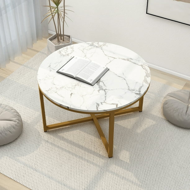 Alazyhome Modern White Marble Round Coffee Table, Metal Frame Cocktail