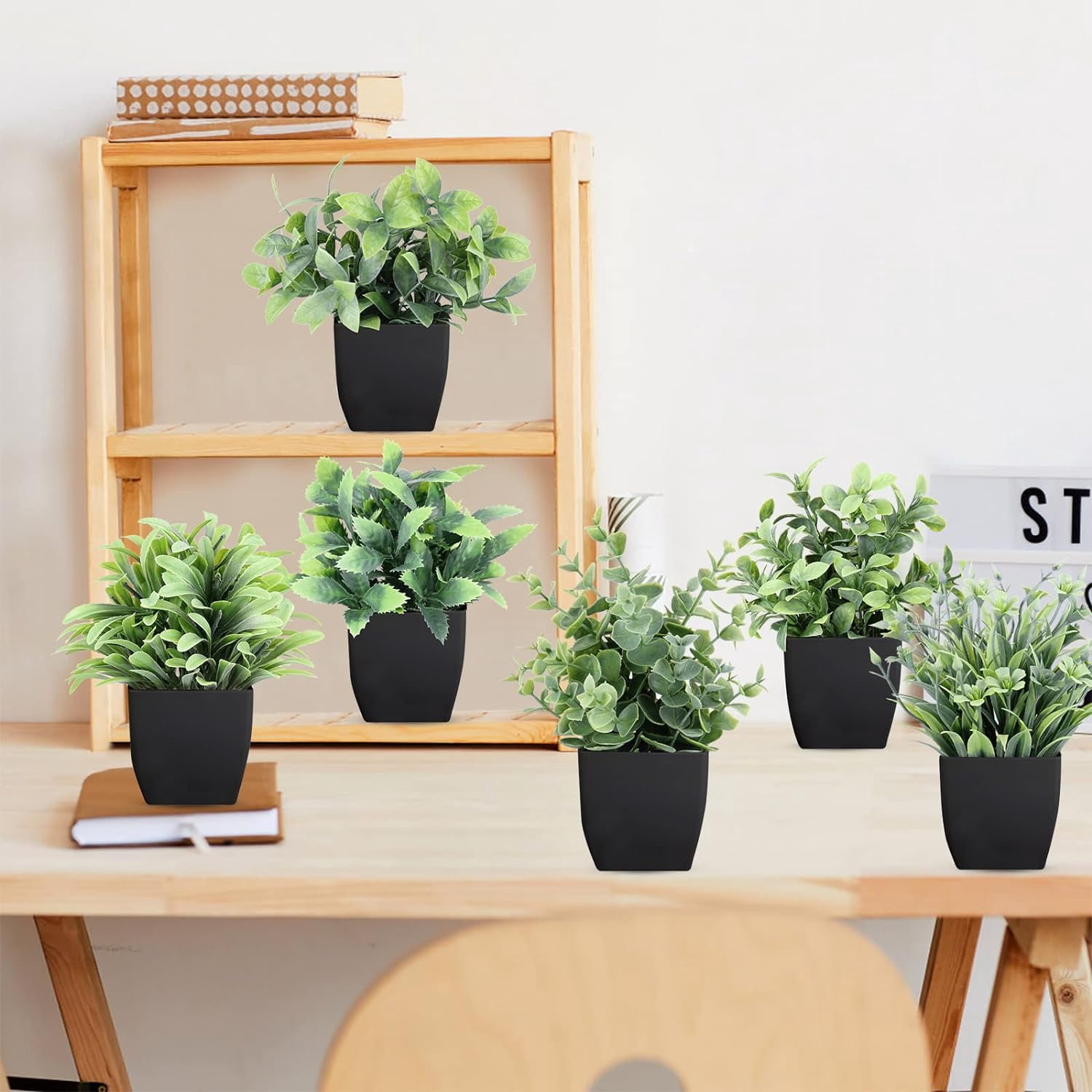 Artificial Plants Mini Fake Potted Plants, 8 pcs Small Eucalyptus Potted Faux Decorative Grass Plant with White Pot for Home Decor, Indoor, Office, Desk, Shelf, Table Decoration