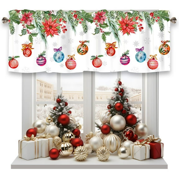 Christmas Curtain Valance for Windows Pine Tree Ball Xmas Tree Winter Holiday Window Treatments 1 Panel Short Curtains for Kitchen Windows Bathroom Bedroom,54 x 18 Inch