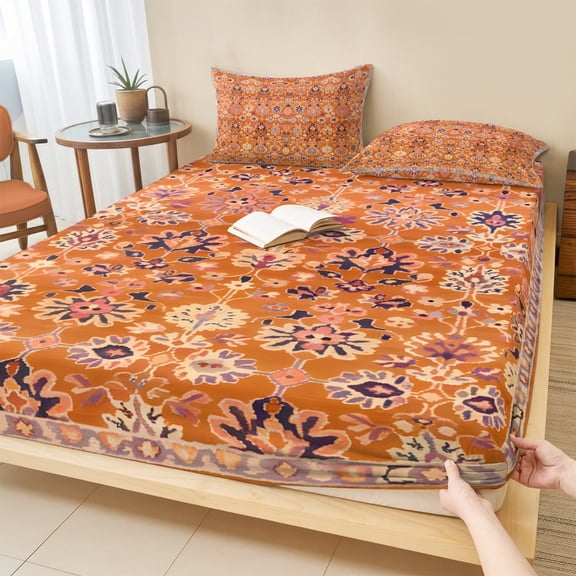 Twin XL Size Fitted Sheet Set - Boho Orange 2 Piece Bedding Sets 16" Deep Pocket Fitted Sheet with 1 Pillowcases, Country Style Bohemian Floral Retro Tribal Brushed Microfiber Hotel Luxury Bed Sheets