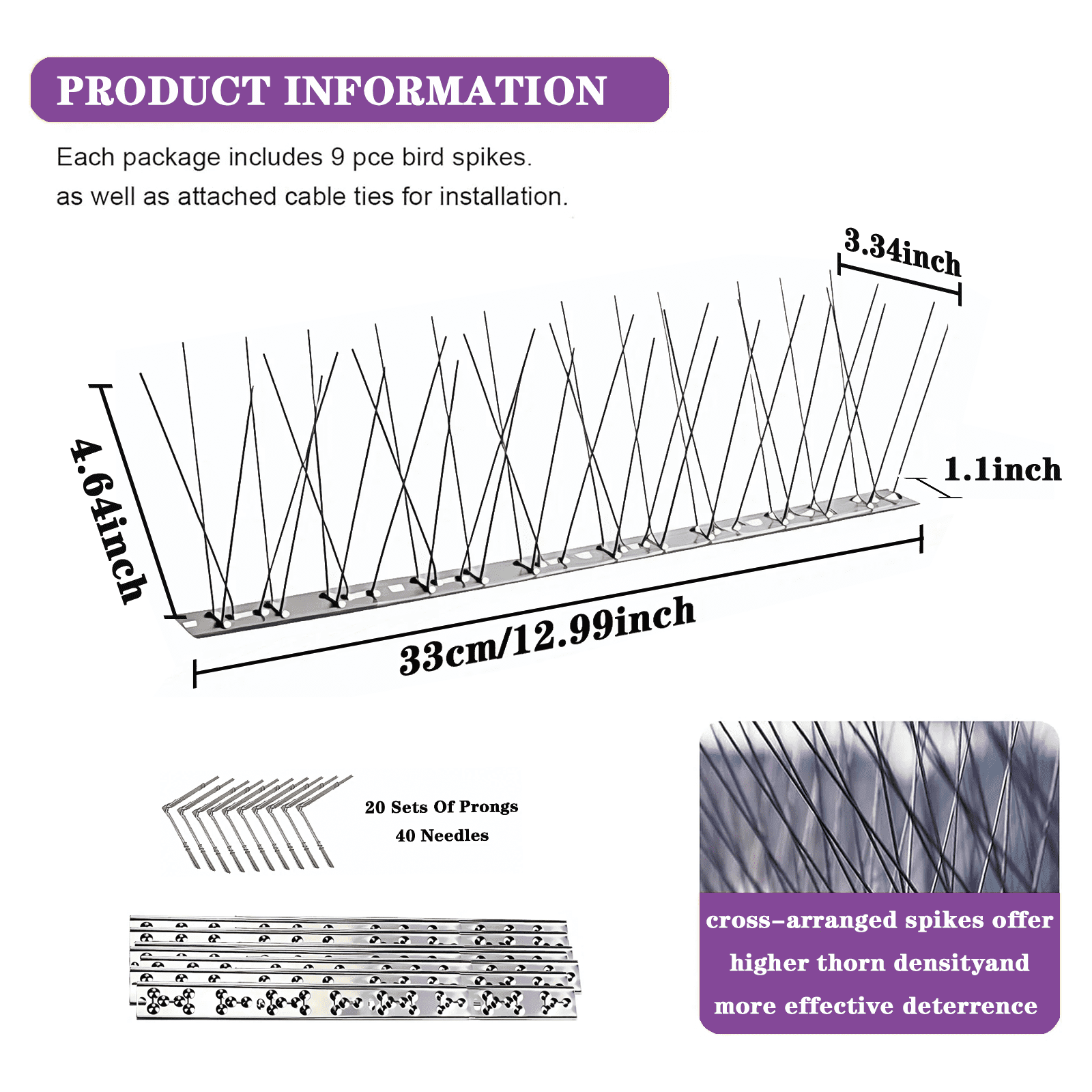 Bird Spikes Stainless Steel, 10-Pack Bird Deterrents for Outside, 20 Spike Sets and 40 Pins, Outdoor Bird Repellent