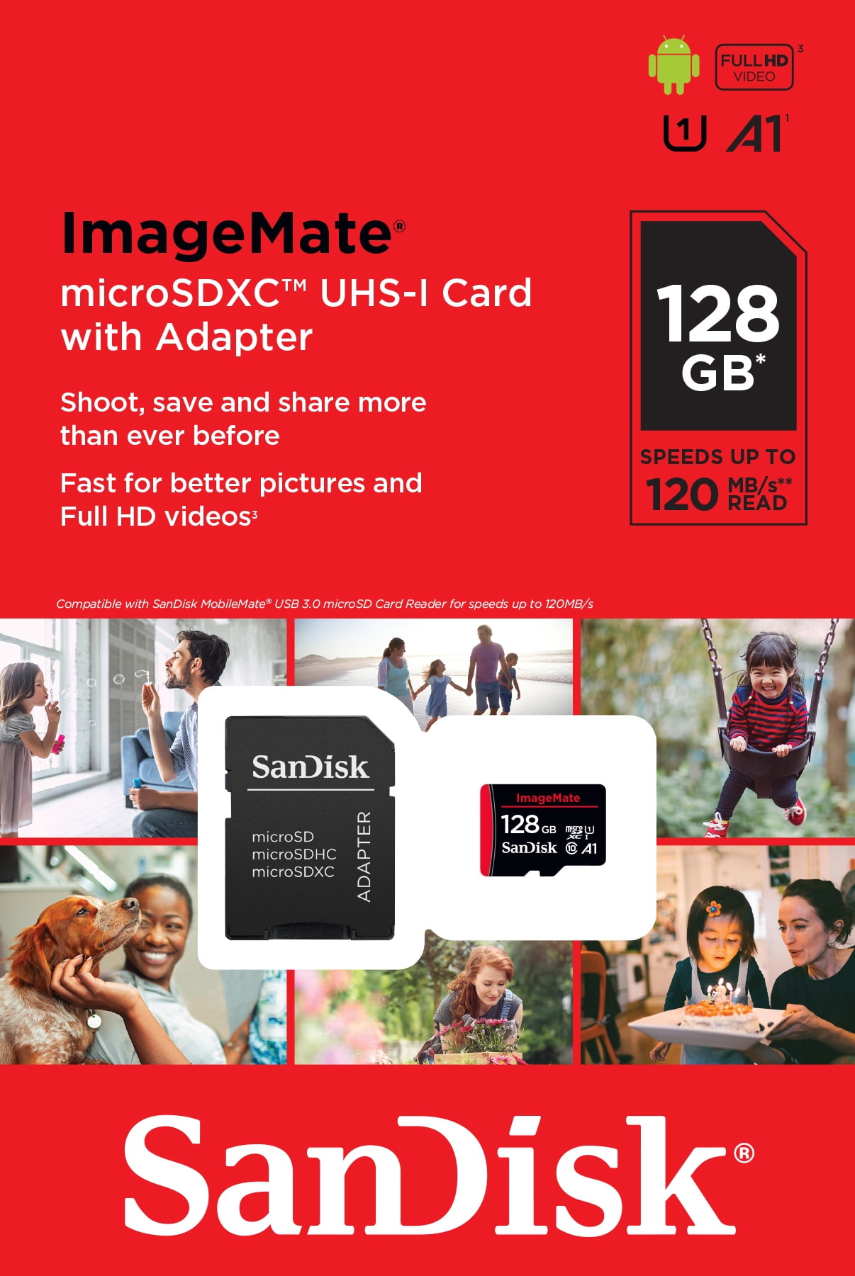 SanDisk 128 GB ImageMate microSDXC UHS-1 Memory Card with Adapter - C10, U1, Full HD, A1 Micro SD Card