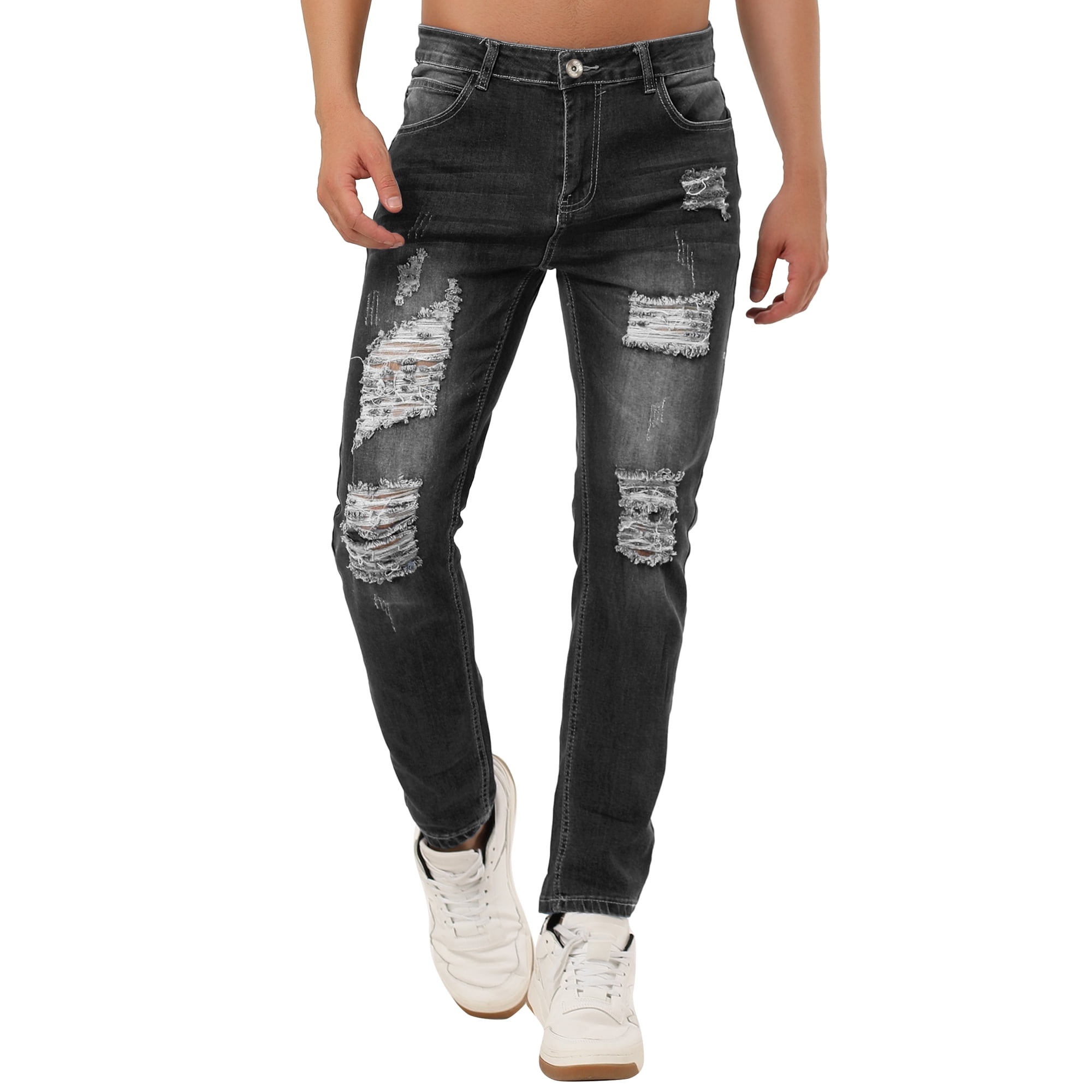 Unique Bargains Men s Western Ripped Jean Slim Fit Distressed Skinny Denim Jeans Pants Black 32