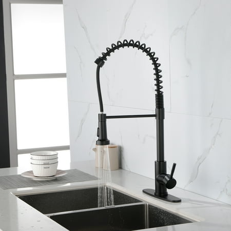 

NIKOU Kitchen Faucets Commercial Solid Brass Single Handle Single Lever Pull Down Sprayer SpringKitchen Sink Faucet Matte Black
