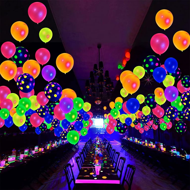 90Pcs Neon Balloons 12” UV Neon Glow Balloons Reusable Polka Dot