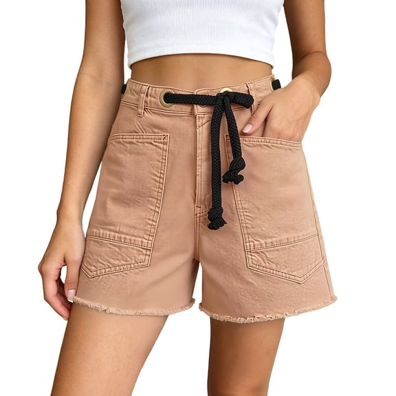 Womens Summer Loose Casual Shorts Drawstring High Waisted Denim Shorts Multi Pocket