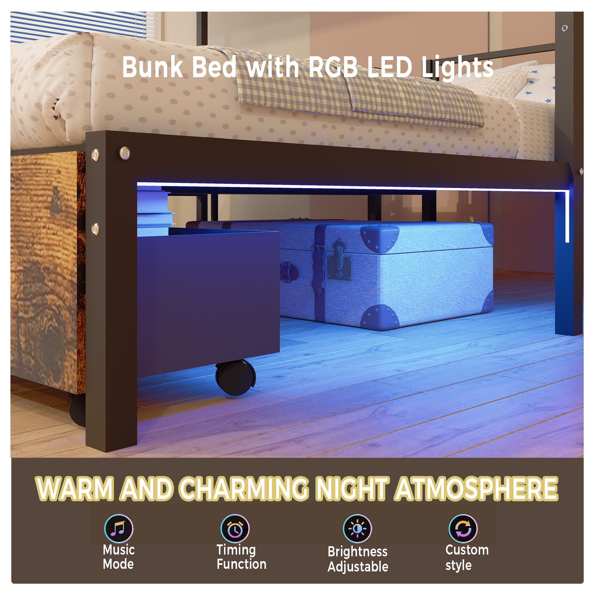 Leumius Metal Twin Triple Bunk Bed with USB Charging Station,Twin over Twin over Twin Bunk Bed for 3,Separates Into 3 Twin Beds,Noise Reduced Structure,Black