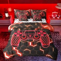 Manfei Modern Gamepad 7 Pieces Bedding Comforter Set,Teens Video Game Full Bedding Set,Red Black Honeycomb Fitted Sheet Flat Sheet For Boys Kids,Ultra Soft Home Decor Reversible