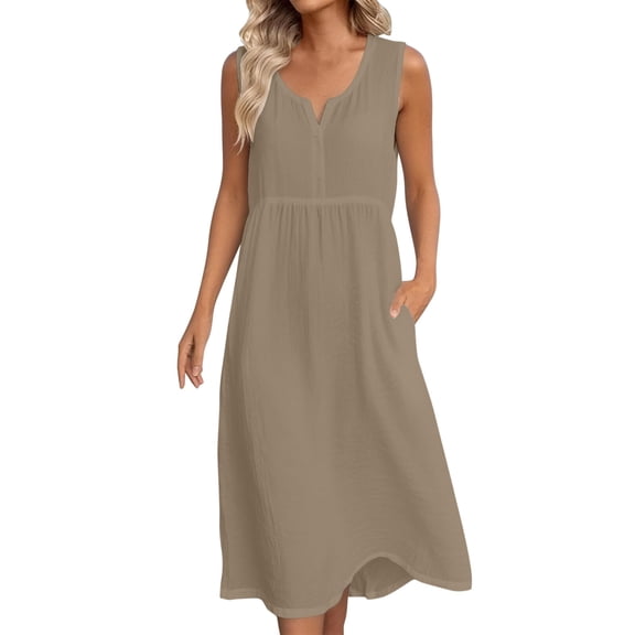 Hurxie Women's Summer Boho V-Neck Cotton Tunic Dress Casual Loose Short Sleeve Midi Long Beach Dress Khaki,M