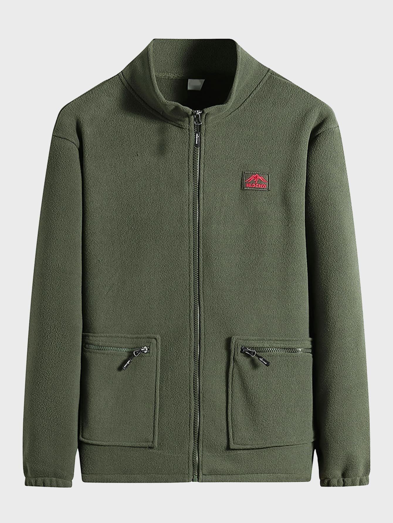 Army Green Men Patch Detail Zipper Pocket Fleece Jacket