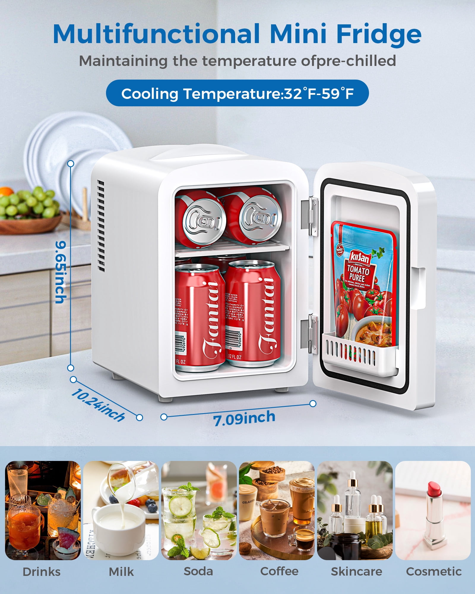KNDKO Mini Fridge, Portable RV Refrigerator, 4 L/6 Can Compact Personal Cooler with Stainless Steel Door, 12V AC/DC, Option for Skincare, Makeup