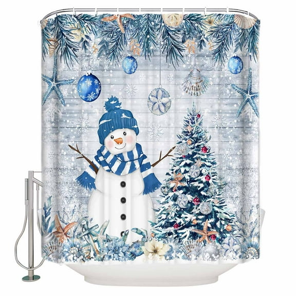 Extra Long Shower Curtain 72x96 Inch, Blue Coastal Christmas Shower Curtain Waterproof Bathroom Decor Xmas Tree Nautical Starfish Vintage Fabric Bath Curtain Set Accessories with Hooks