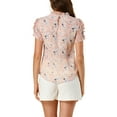thumbnail image 3 of MODA NOVA Junior's Leisure Ruffle Mock Neck Short Sleeves Keyhole Floral Blouse Pink S, 3 of 6