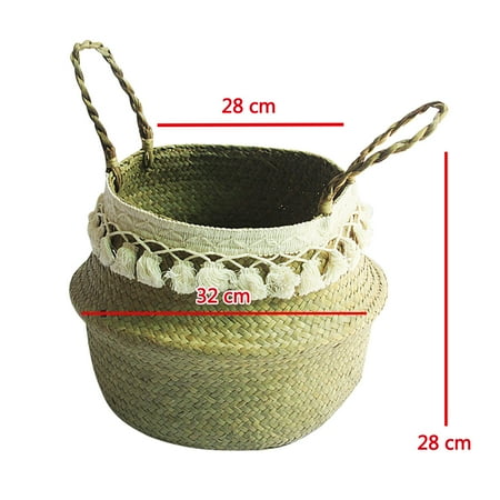 

[Hotiary] Woven Plant Baskets with Tassels Foldable Seagrass Storage Baskets with Handle Durable Picnic Basket Organizer Baskets Planter Basket Storage Baskets for Laundry Large 12.6 *11.02 *11.02