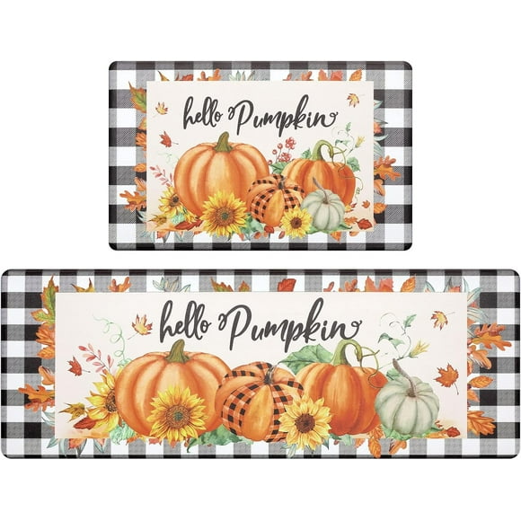 Pumpkin Kitchen Rugs Set of 2, Farmhouse Buffalo Plaid Fall Kitchen Floor Mat, Non Slip Anti Fatigue Kitchen Mats for Floor, Cushioned Kitchen Runner Rug Set Fall Autumn Thanksgiving Decor