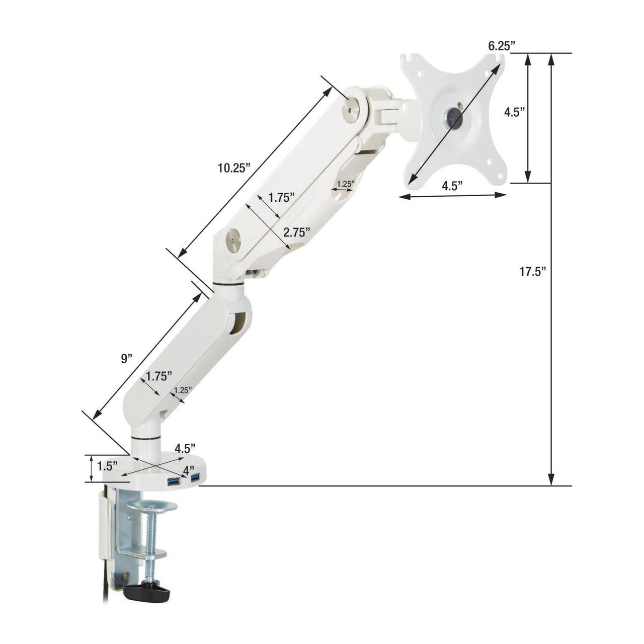Single Monitor Arm with Dual USB 3.0 Port in Black Aluminum Finish