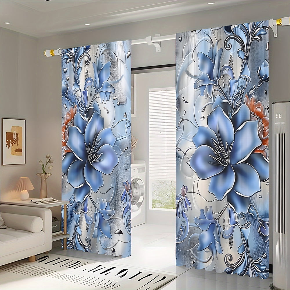 WNOOHIY Silver-Blue Lily Floral Pattern Light-filtering Curtains for Young People Bedroom Living Room,Set of 2 Panels