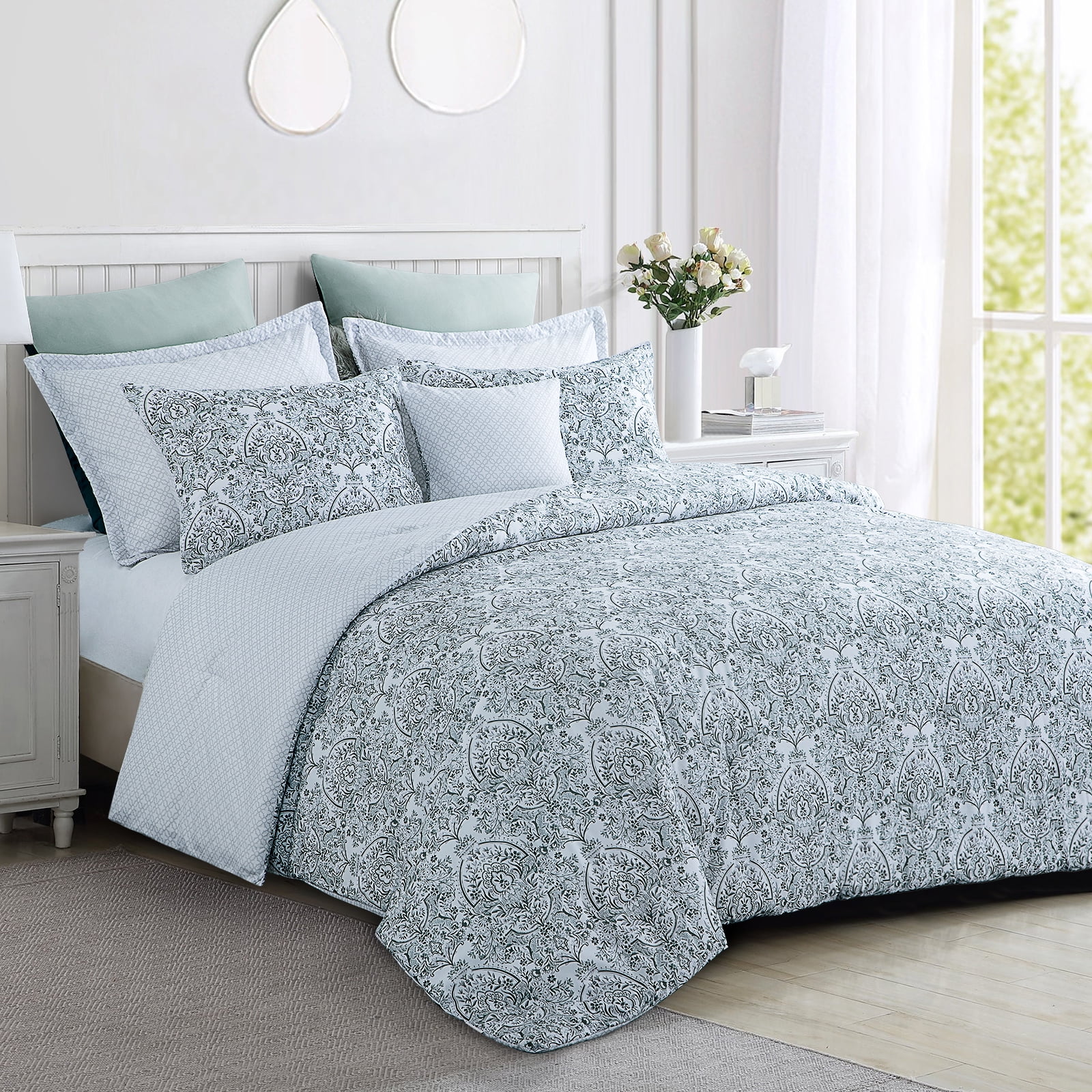 Sage Green Queen Comforter Set Floral Comforter Set Reversible Gray