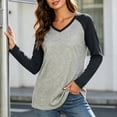 thumbnail image 4 of Women V Neck Raglan Color Block Long Sleeve T-Shirt Loose Relaxed Fit Contrast Sleeve Solid Spliced Casual Basic Top Fashion Versatile Layering Tee for Autumn Winter, 4 of 7