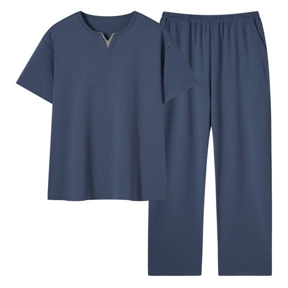 BLTIBY Mens 2 Pieces Cotton Outfits Short Sleeve V Neck Shirts and Pants Casual Sets with Pockets Navy L