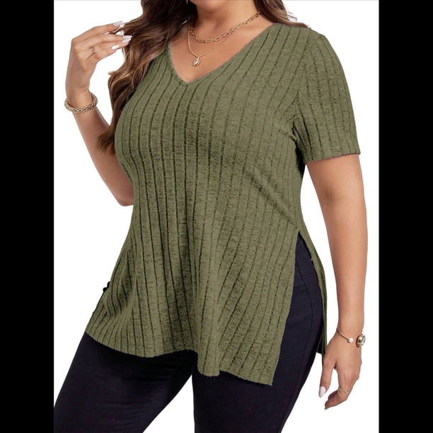 Blusas de Talla Grande para Mujer, Informales, con Cuello en V, Corta y Dobladillo Dividido, para Verano. Verde 5XL