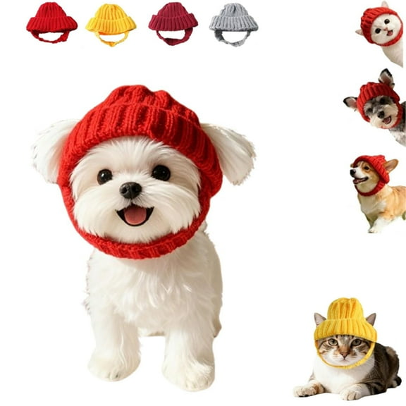 Red Knit Dog Beanie with Ear Flaps – Warm Winter Hat, Pet Knitted Snood with Ears Holes, Soft Puppy Cap for Cold Weather Outdoor Walks & Photos, for Small & Medium Dogs & Cats