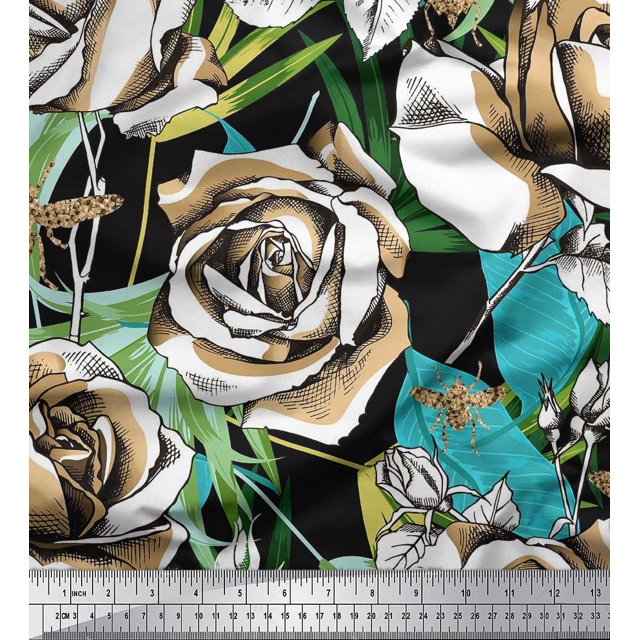 Soimoi polyester Crepe Fabric Leaves,Bee & Rose Flower Printed Fabric 1 Yard 42 Inch Wide