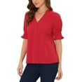 thumbnail image 4 of INSPIRE CHIC Women's Casual Summer V Neck Short Bubble Sleeve Blouses XS Red, 4 of 6