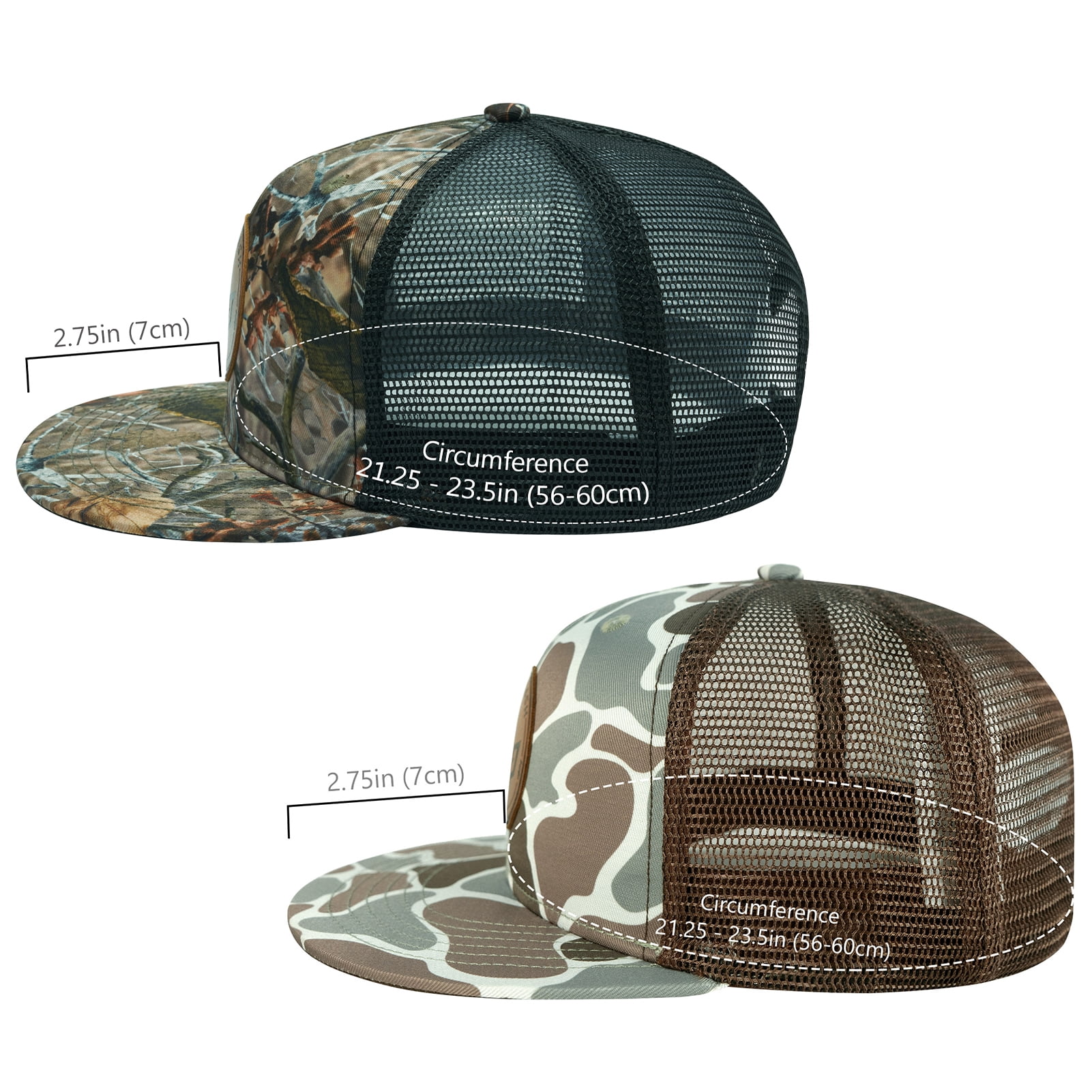 BASSDASH 2 Pack Flat Brim Trucker Cap Adjustable Snapback Hat Mesh Back For Men Women Fishing Hunting