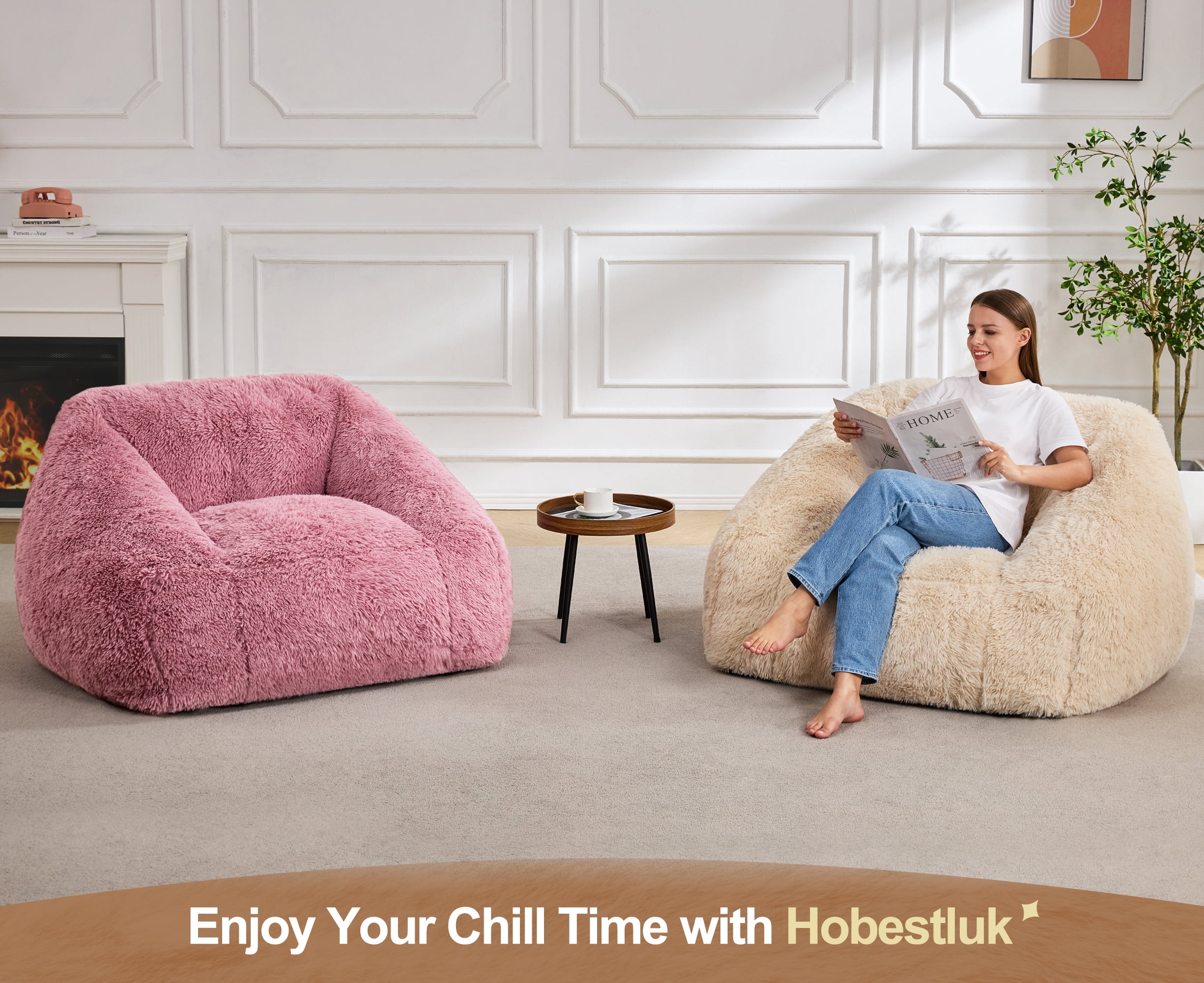 Hobestluk Oversized Bean Bag Chair for Adults with Filler, Large Cozy Reading Chair, Comfortable Lounge Chair for Living Room and Bedroom (White Plush)